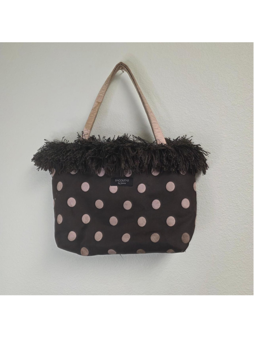 Bagolitas by Janice brown polka dot tote bag with pink polka dots and black frin